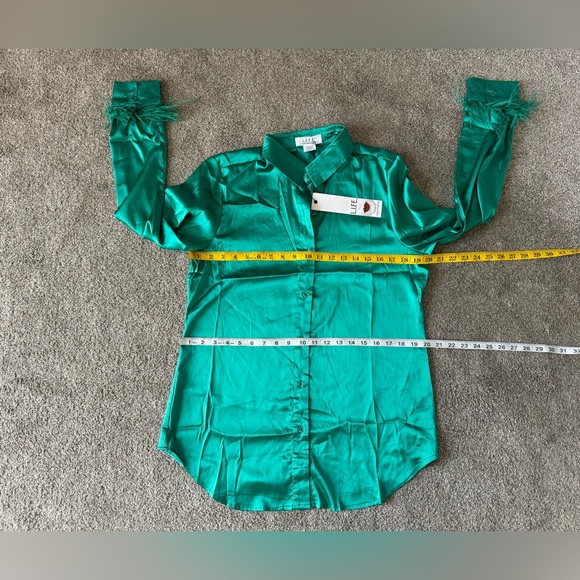 L.I.F.E. Luxurious Spliced Faux Feather Party Silky Blouse L💚New with Tags Prom - Picture 6 of 13